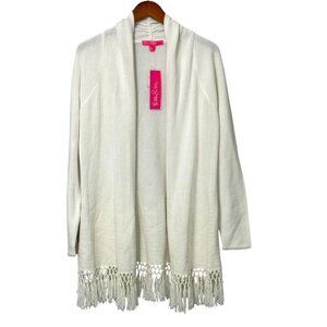 Lilly Pulitzer Tatum Cardigan Resort White Fringe Hem Open Cotton Blend Size XL